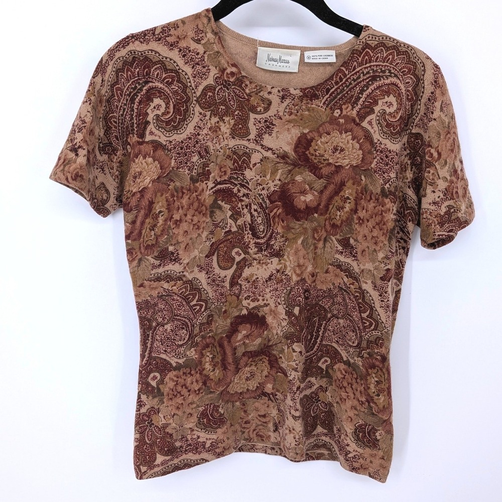 Neiman Marcus Cashmere Sweater Womens Medium Brown Paisley Floral Short Sleeve